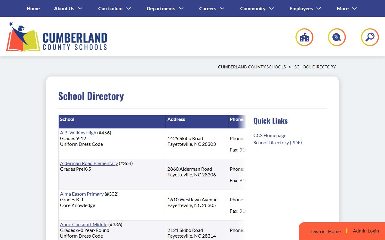 Fayetteville phone directory Cumberland County Schools school numbers