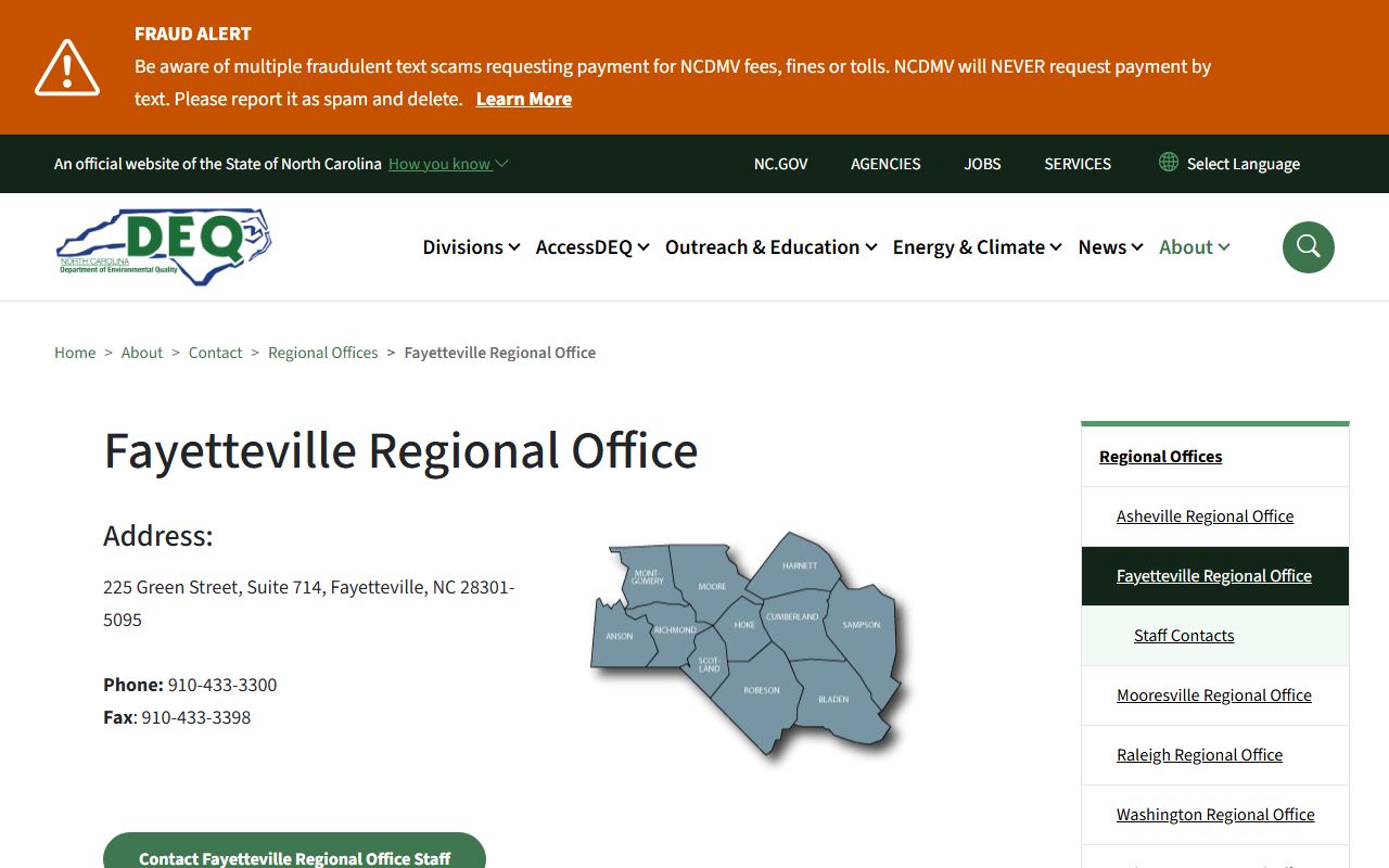 Fayetteville phone directory NCDEQ regional office contacts