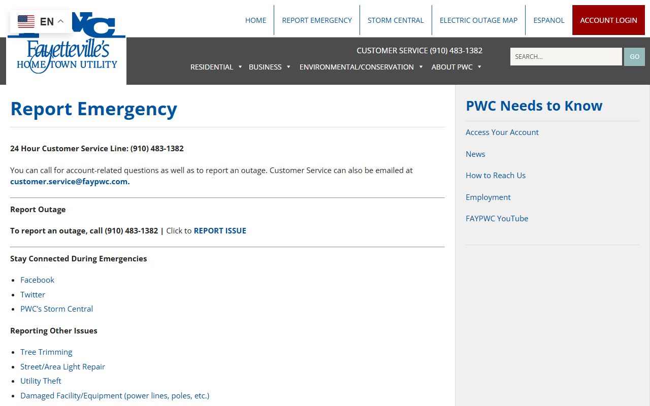 Fayetteville phone directory PWC utility emergency numbers