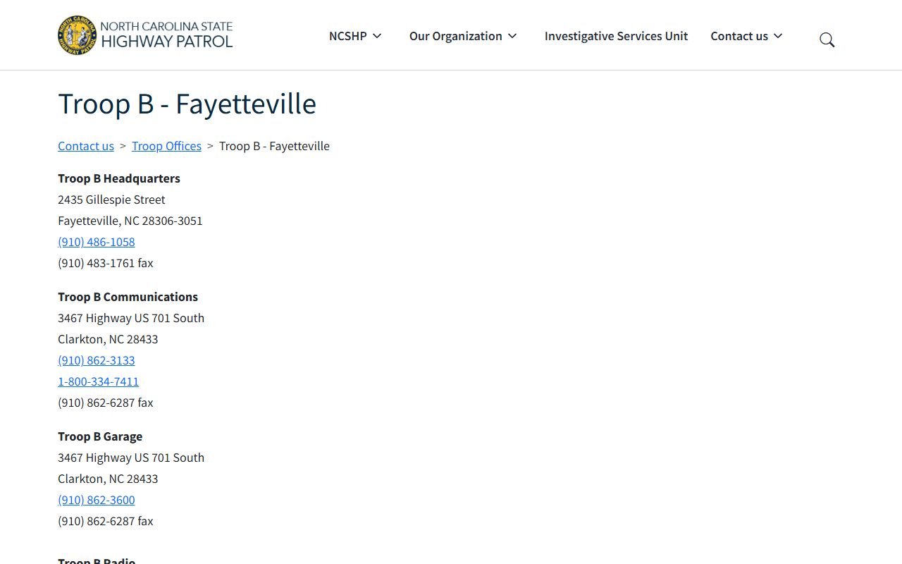 Fayetteville phone directory State Highway Patrol Troop B numbers