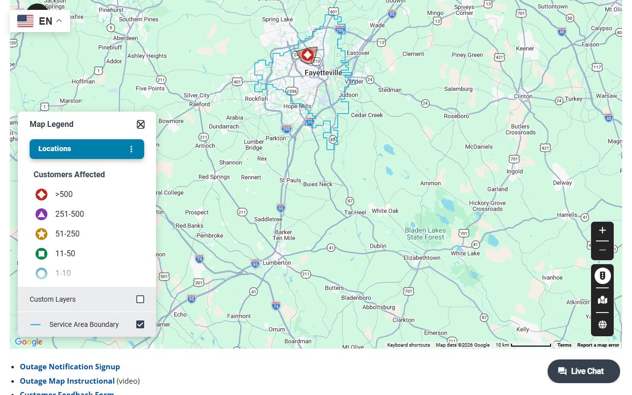 Fayetteville phone codes PWC electric outage map